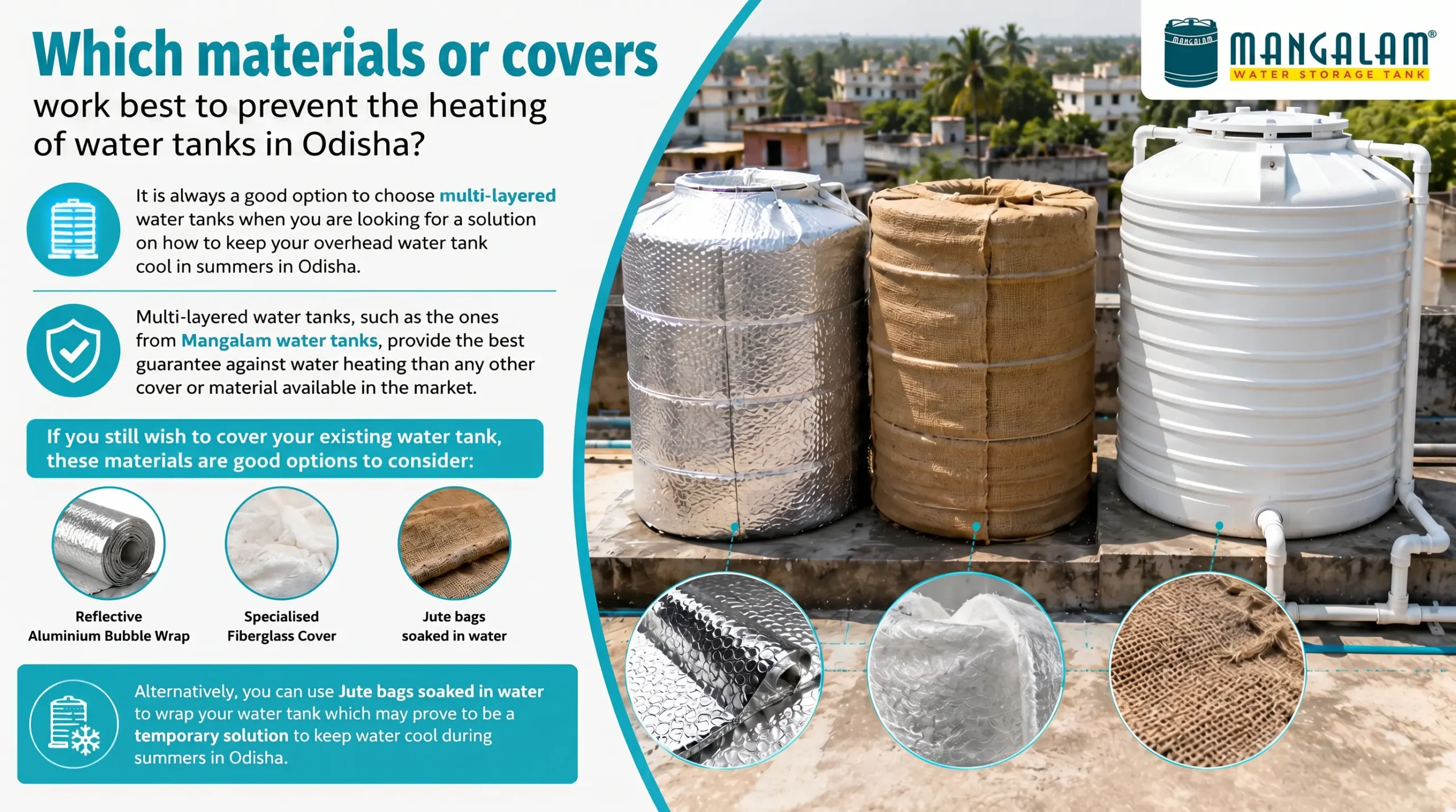 Which materials or covers work best to prevent the heating of water tanks in Odisha?