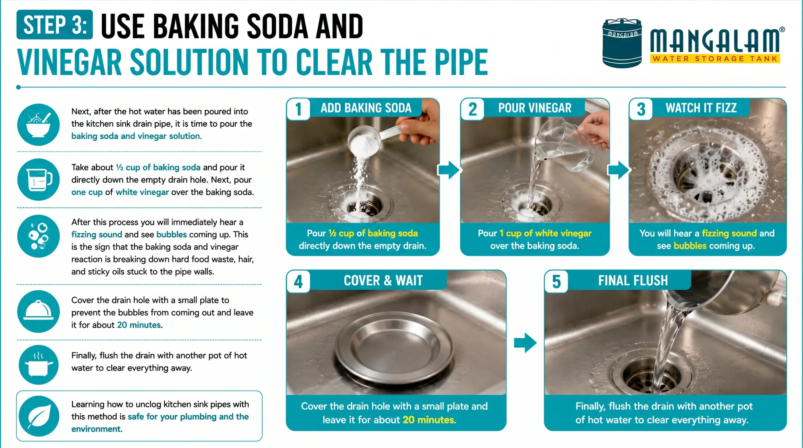 Step 3: Use Baking Soda And Vinegar Solution To Clear The Pipe