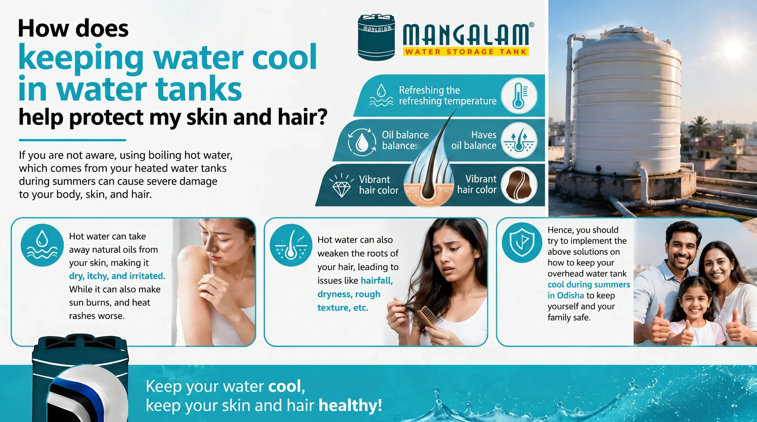 How does keeping water cool in water tanks help protect my skin and hair?